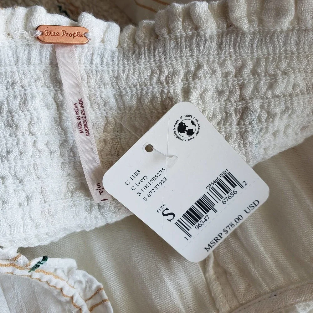 Free People Small New Seratonin Corset Top Cotton Peasant Cop Puff Sleeve White